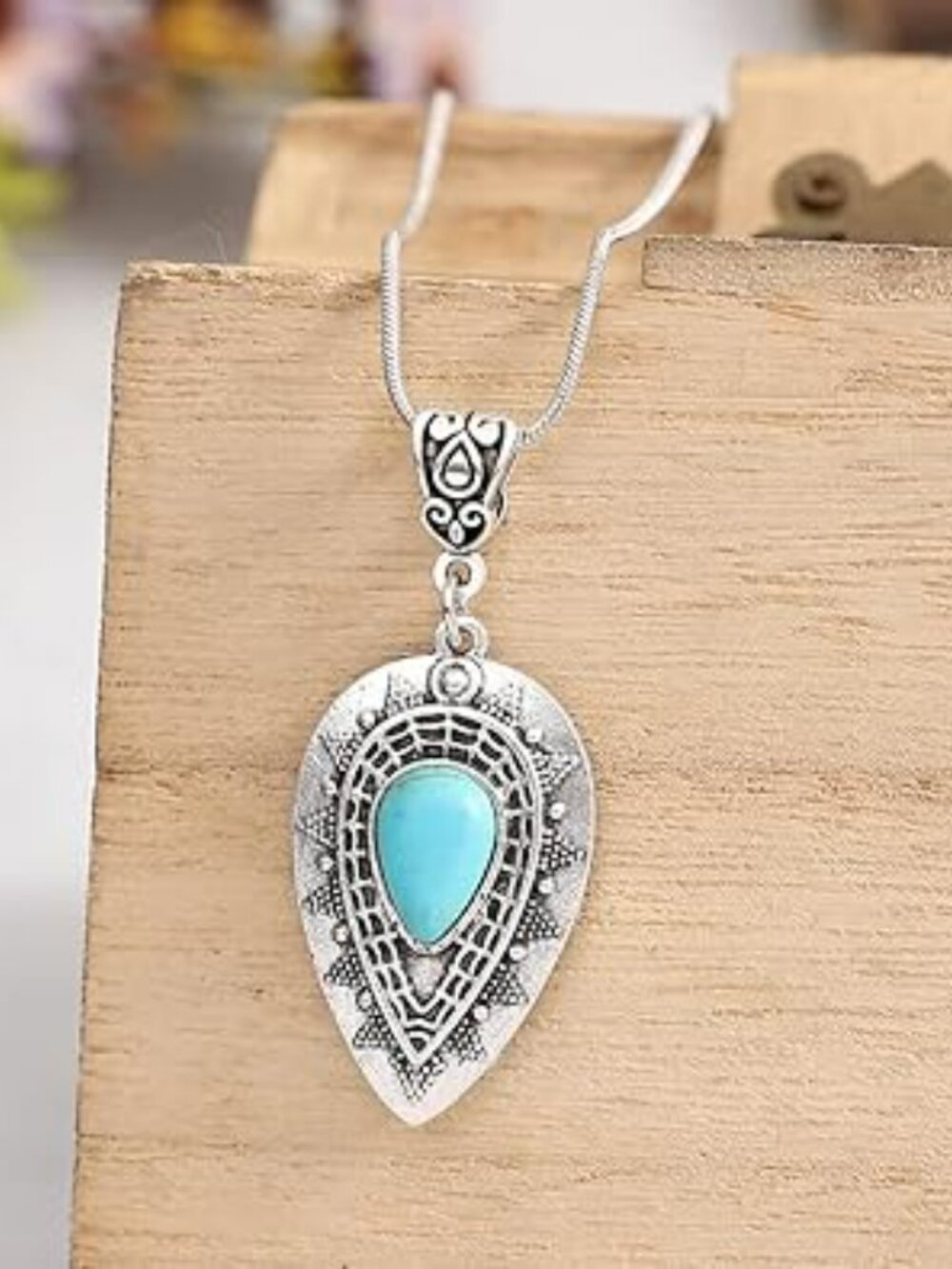 New Natural Turquoise Necklace Boho Bead Silver Teardrop Statement Pendant - Picture 2 of 4